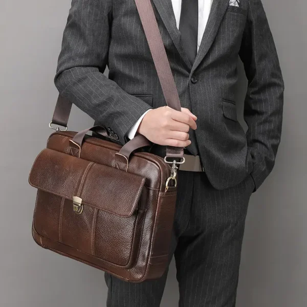 7 Business man carrying brown leather briefcase, formal suit style