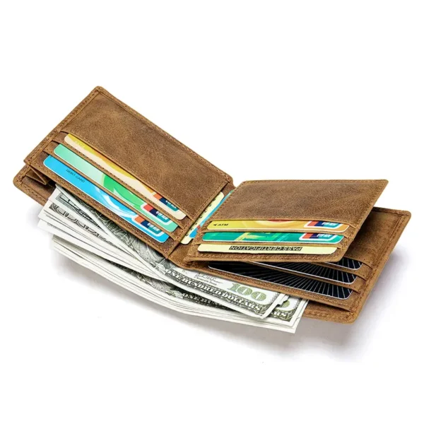 Open brown leather wallet with cash and credit cards inside