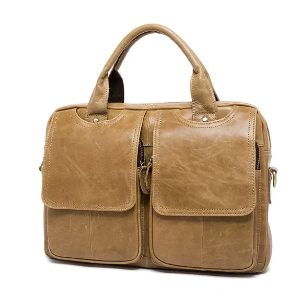 8002 (24) Tan brown leather briefcase with double front pockets, studio shot