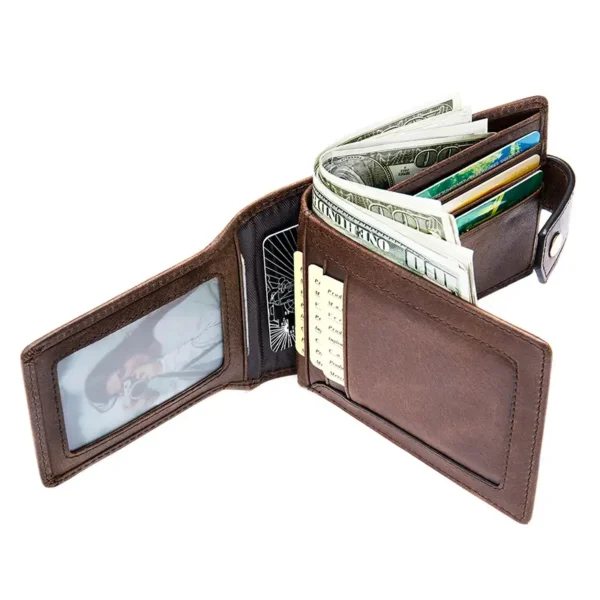 9 Open brown leather wallet with cash and multiple card slots