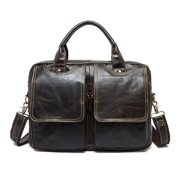 IMG_4638 Black leather briefcase with dual pockets, plain background