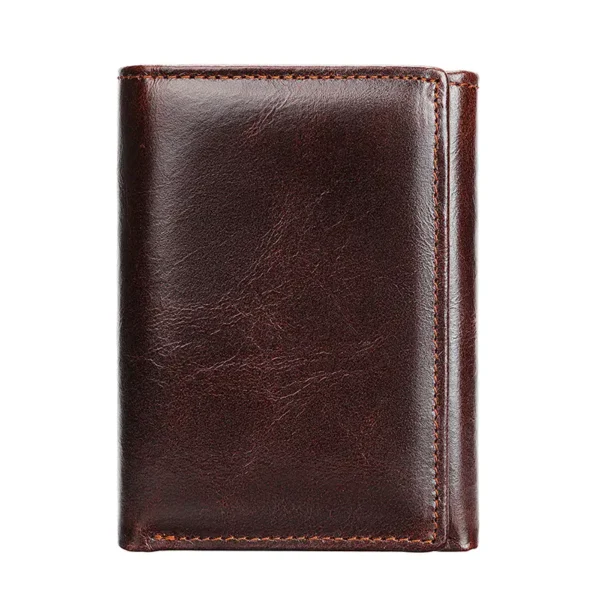 Vintage dark brown leather bifold wallet, professional studio shot