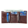 Open brown leather wallet with cash, credit cards and ID slots