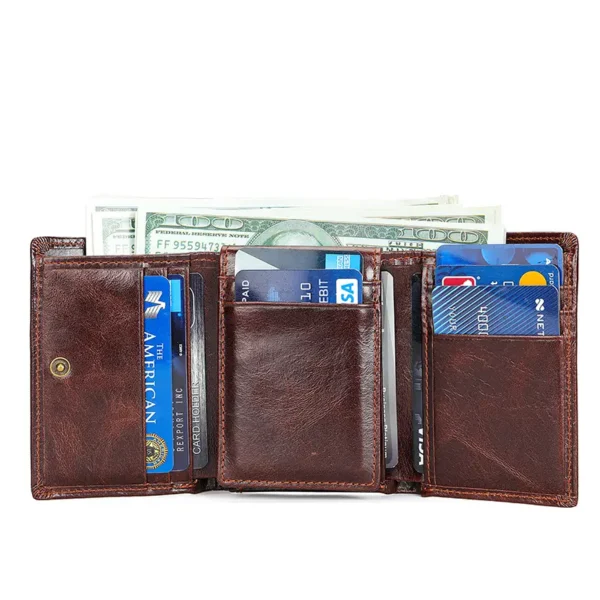 Open brown leather wallet with cash, credit cards and ID slots