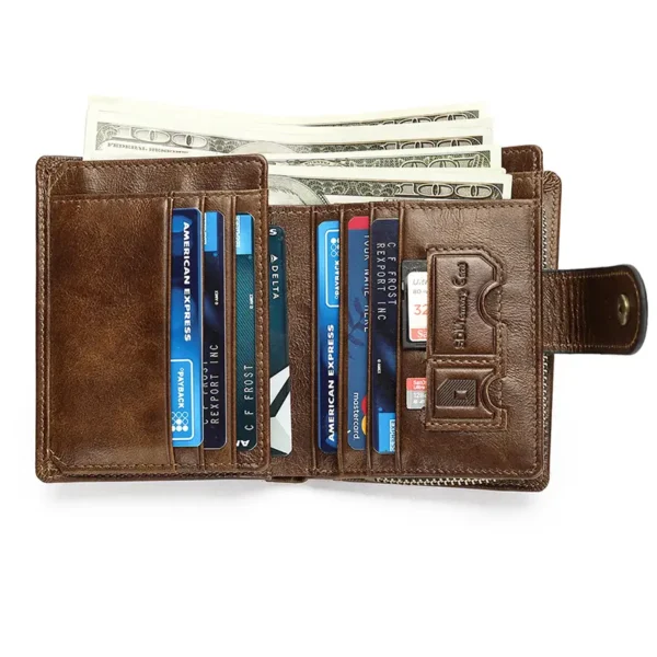 Open brown leather wallet with cash, cards and multiple compartments