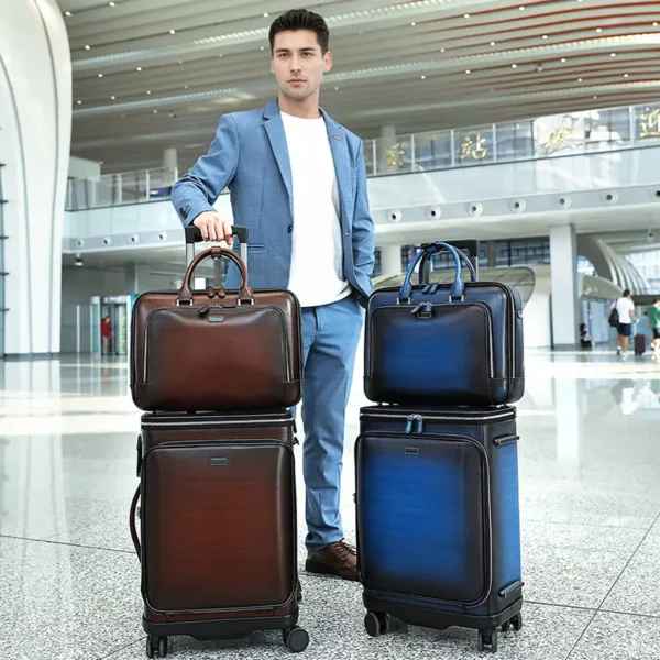 外模-(1) Man with multi-color leather trolley luggage set, airport casual style