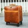 棕色-(9) Vintage brown leather trolley luggage with tan trim, studio shot