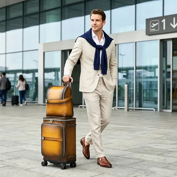 棕色组合 (5) Man with brown leather luggage set, airport travel style