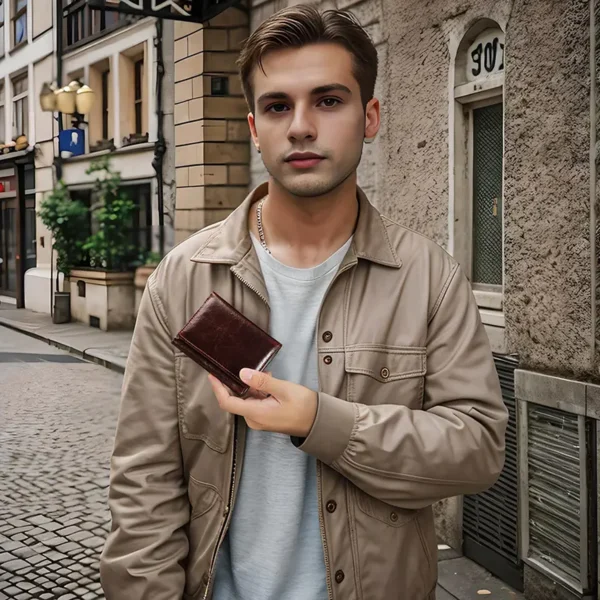 Young man holding a brown leather wallet, casual street style