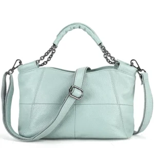 Light blue leather hobo bag with chain detail, product shot