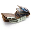 Open brown leather wallet with cash, cards and ID compartments