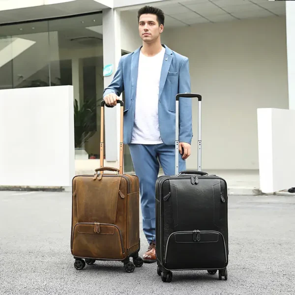 组合-(1) Man carrying brown leather trolley luggage with black bag, business style