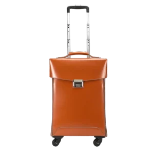 Classic orange leather trolley luggage, plain background