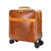 首图 Man pulling black leather trolley luggage, casual denim style
