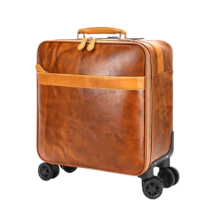 Man pulling black leather trolley luggage, casual denim style