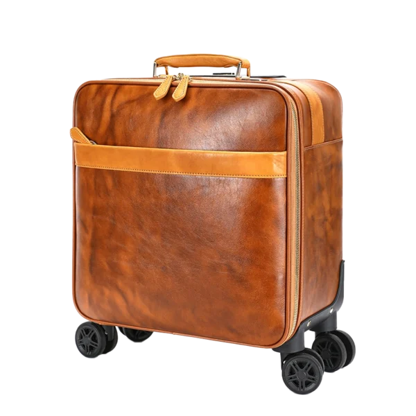 首图 Man pulling black leather trolley luggage, casual denim style