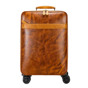 Warm brown leather trolley luggage multi-angle product collage