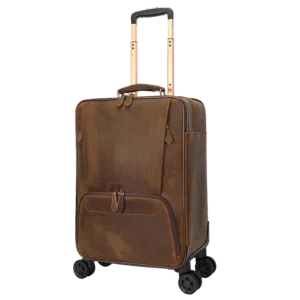 Classic brown leather trolley luggage, plain background