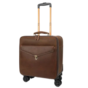 Classic dark brown leather rolling suitcase, studio shot