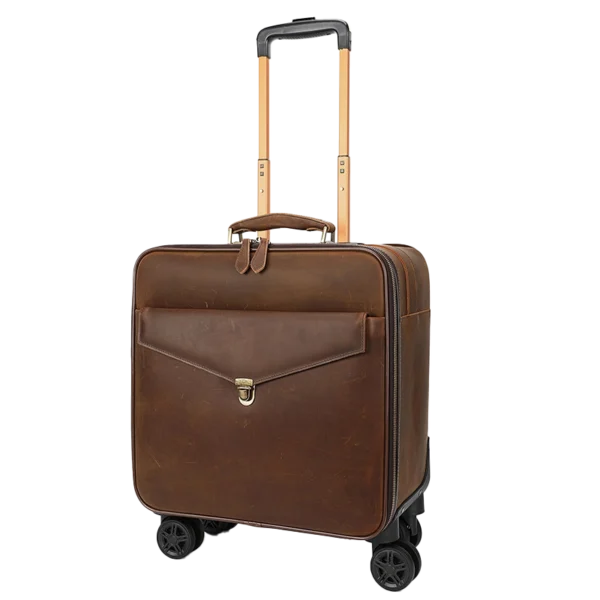 首图 Classic dark brown leather rolling suitcase, studio shot