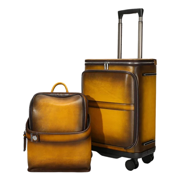 首图 Vintage brown leather luggage set with duffle and trolley bag, plain background