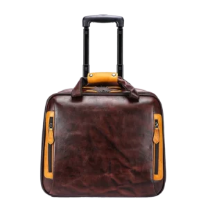 Vintage brown leather duffle bag with trolley sleeve, studio shot