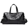 首图 Black leather duffle bag with zipper closure, studio shot