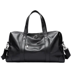 Black leather duffle bag with zipper closure, studio shot