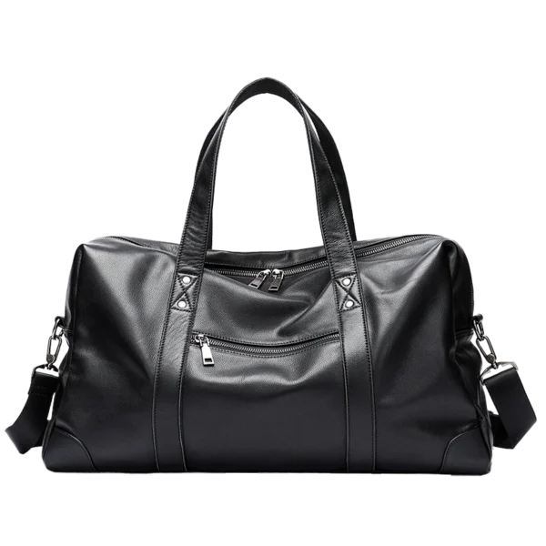 首图 Black leather duffle bag with zipper closure, studio shot