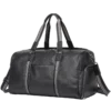 首图 Classic black leather travel duffle bag with side pockets, studio shot
