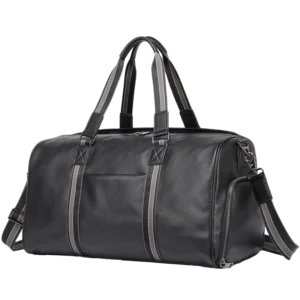 Classic black leather travel duffle bag with side pockets, studio shot