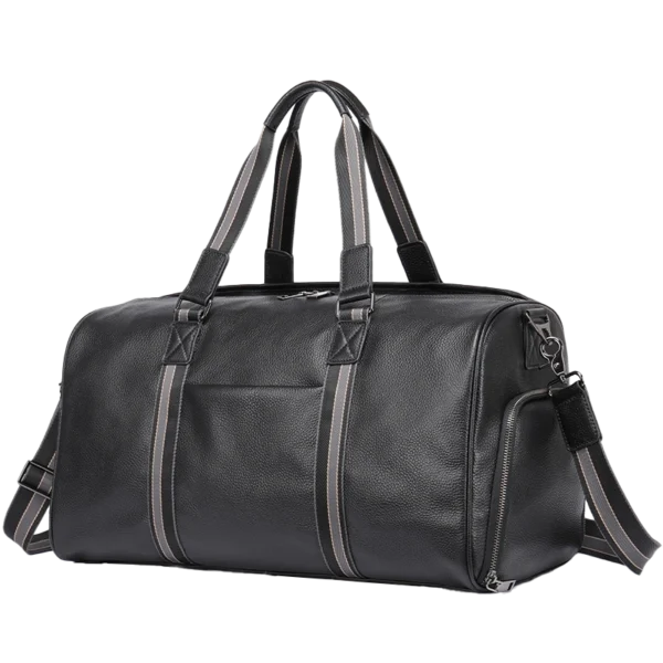 首图 Classic black leather travel duffle bag with side pockets, studio shot