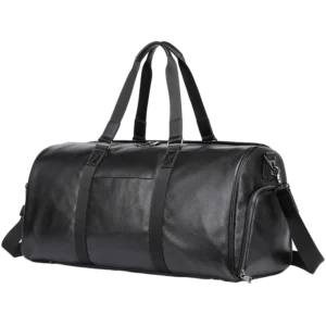 Classic black leather duffle bag with wide opening, studio shot