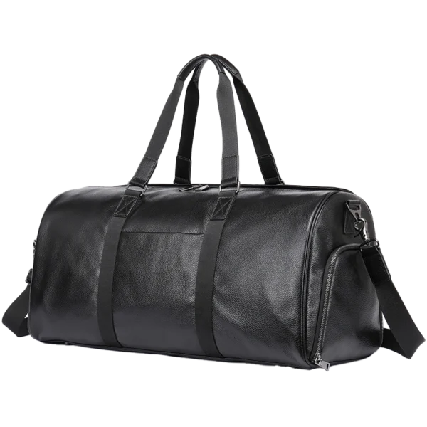 首图 Classic black leather duffle bag with wide opening, studio shot