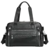 首图 Classic black leather travel duffle bag with front pockets, studio shot