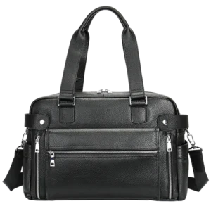 Classic black leather travel duffle bag with front pockets, studio shot
