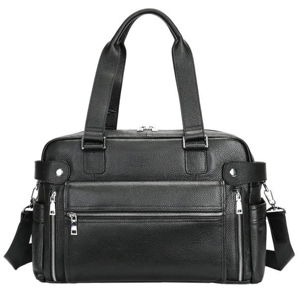 首图 Classic black leather travel duffle bag with front pockets, studio shot