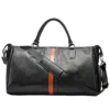 首图 Classic black leather travel duffle bag with stripe accent, studio shot
