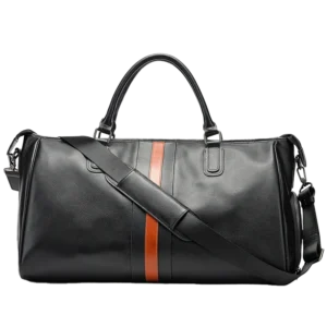 Classic black leather travel duffle bag with stripe accent, studio shot