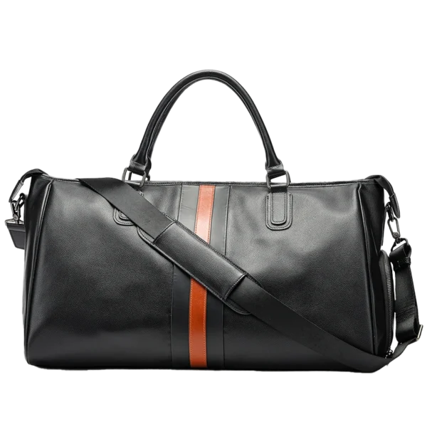首图 Classic black leather travel duffle bag with stripe accent, studio shot