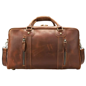 Classic brown leather travel duffle bag with multiple pockets, plain background