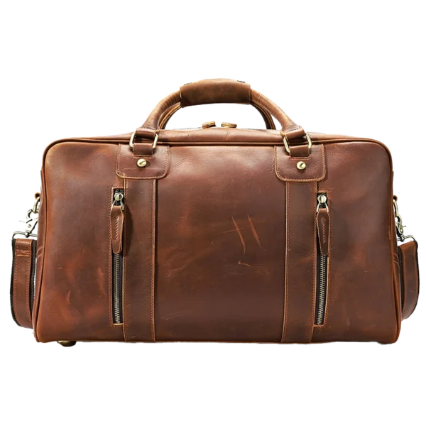首图 Classic brown leather travel duffle bag with multiple pockets, plain background