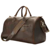 首图 Classic brown leather travel duffle bag with side pockets, studio shot