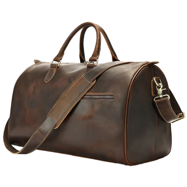 首图 Classic brown leather travel duffle bag with side pockets, studio shot