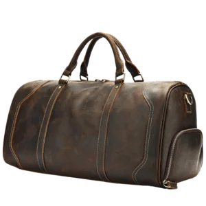 Classic brown leather travel duffle bag, studio shot