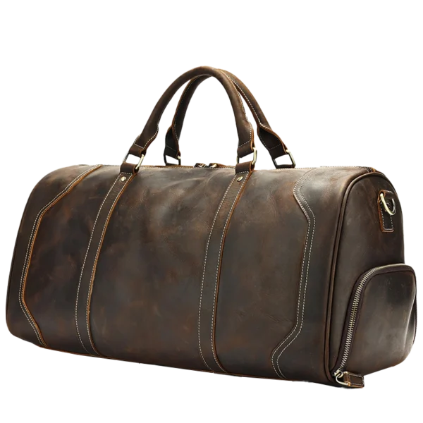 首图 Classic brown leather travel duffle bag, studio shot