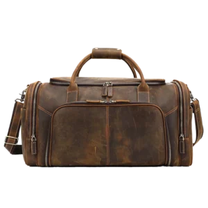 Classic brown leather travel duffle bag, studio shot