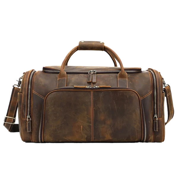 首图 Classic brown leather travel duffle bag, studio shot