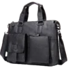 首图 Black leather business tote bag with front pockets, studio shot