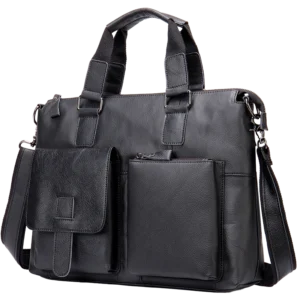 首图 Black leather business tote bag with front pockets, studio shot